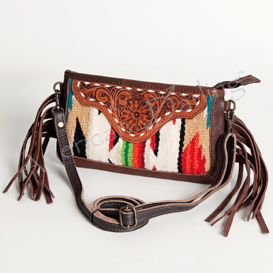 LC-ADBGA188 Southwestern Wool & Leather Fringe Crossbody Bag with Hand-Tooled Flap