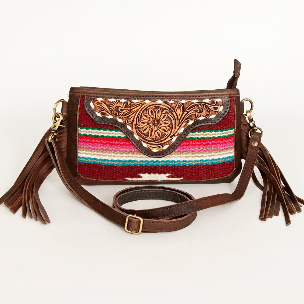 LC-ADBGA188 Southwestern Wool & Leather Fringe Crossbody Bag with Hand-Tooled Flap