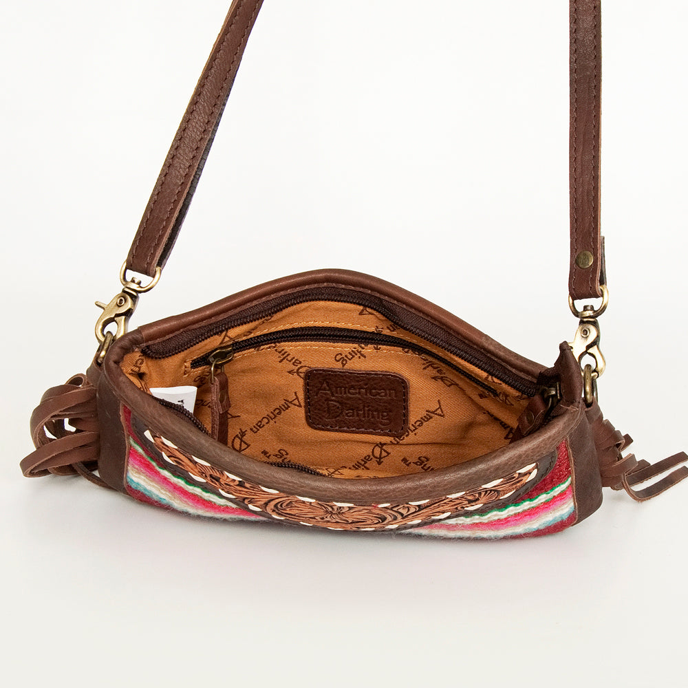 LC-ADBGA188 Southwestern Wool & Leather Fringe Crossbody Bag with Hand-Tooled Flap