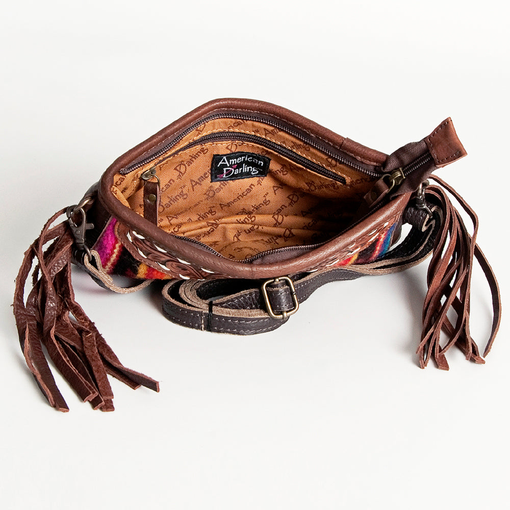 LC-ADBGA188 Southwestern Wool & Leather Fringe Crossbody Bag with Hand-Tooled Flap