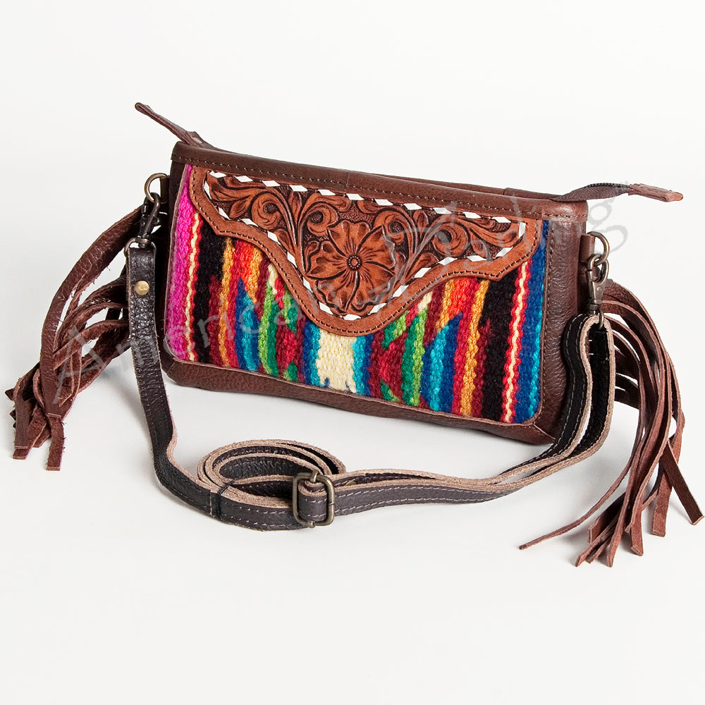 LC-ADBGA188 Southwestern Wool & Leather Fringe Crossbody Bag with Hand-Tooled Flap
