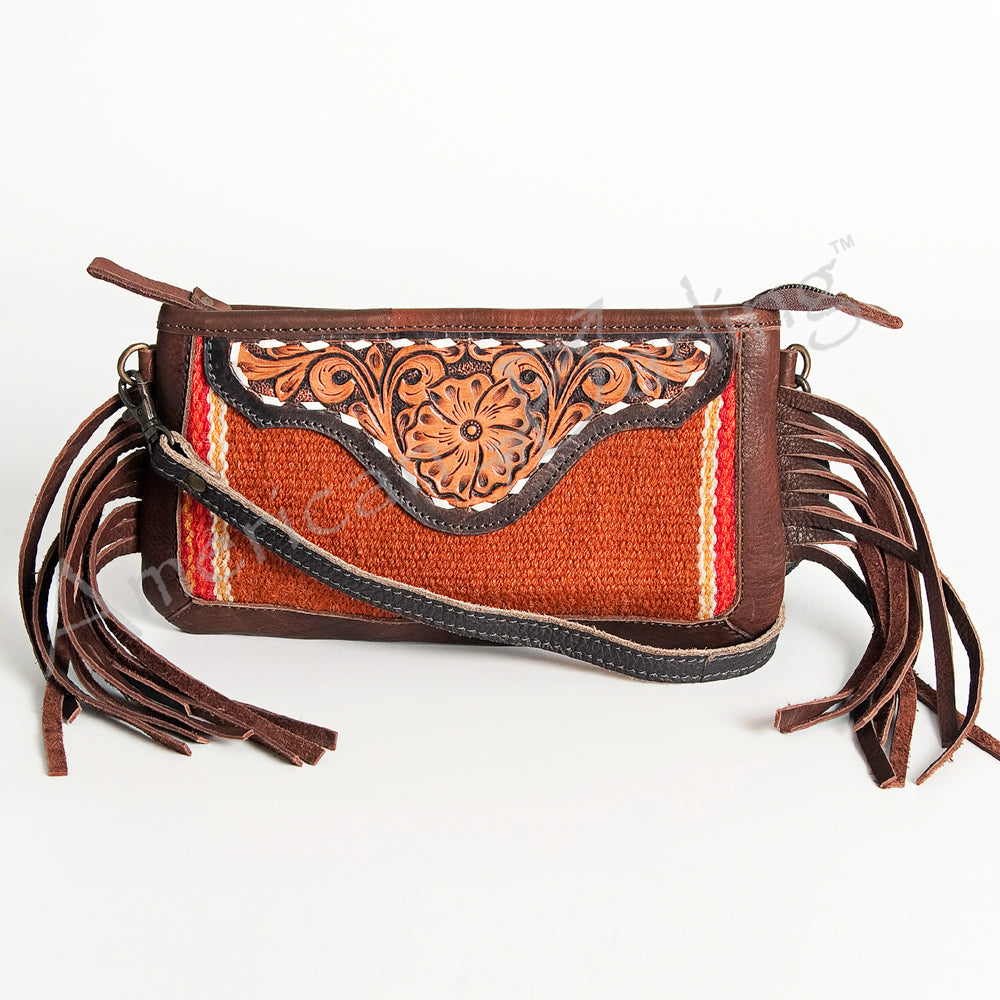 LC-ADBGA188 Southwestern Wool & Leather Fringe Crossbody Bag with Hand-Tooled Flap