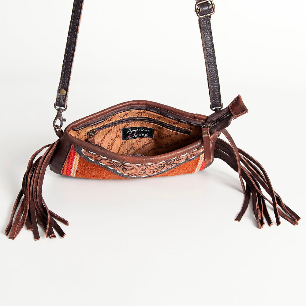 LC-ADBGA188 Southwestern Wool & Leather Fringe Crossbody Bag with Hand-Tooled Flap