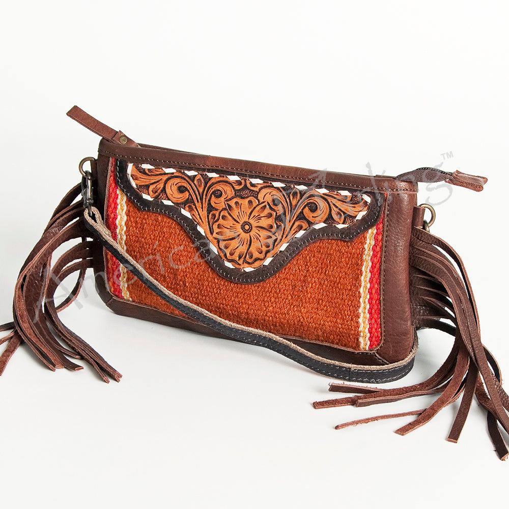 LC-ADBGA188 Southwestern Wool & Leather Fringe Crossbody Bag with Hand-Tooled Flap