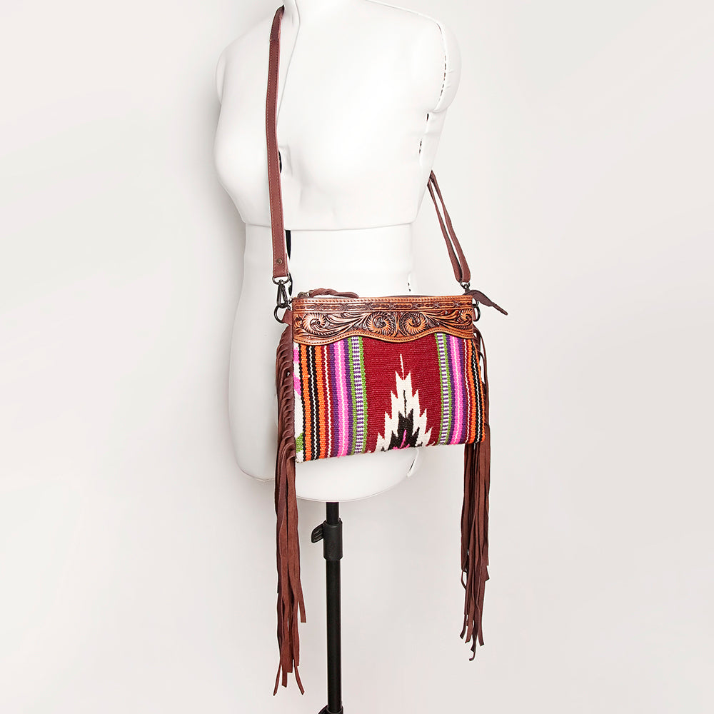 LC-ADBGZ184 Southwestern Wool Crossbody Bag with Tooled Leather & Fringe - Western Fringe Purse