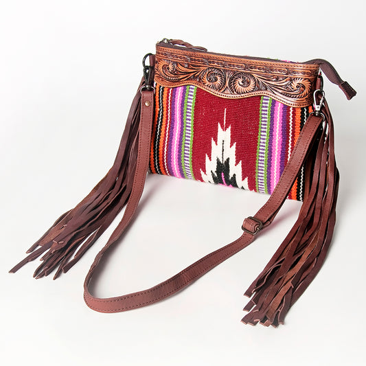 LC-ADBGZ184 Southwestern Wool Crossbody Bag with Tooled Leather & Fringe - Western Fringe Purse