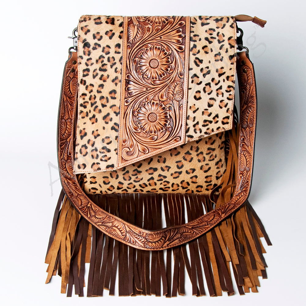 LC-ADBGZ124A Leopard Print Messenger Bag with Fringe and Tooled Leather Flap
