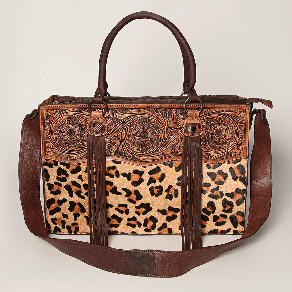 LC-ADBGZ200A Leopard Print Cowhide & Tooled Leather Tote Bag - Western Fringe Handbag with Shoulder Strap