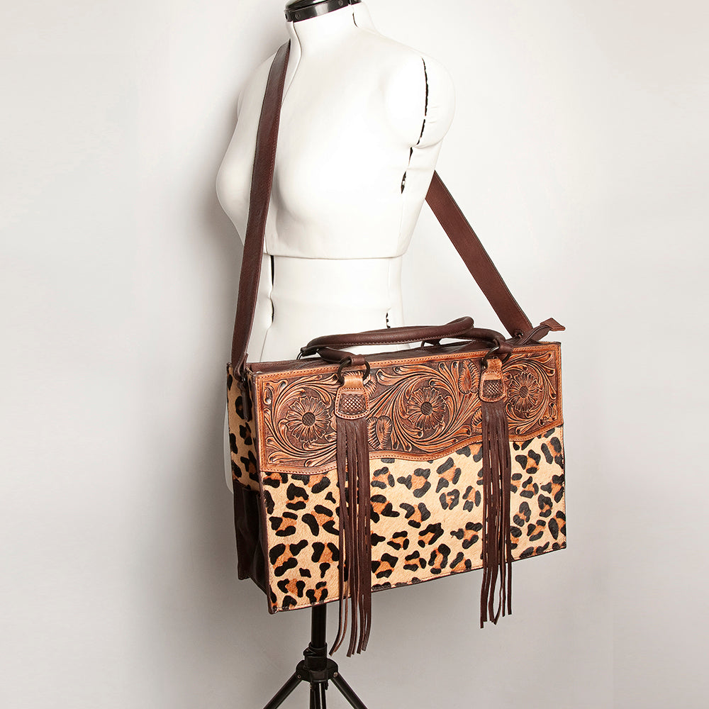 LC-ADBGZ200A Leopard Print Cowhide & Tooled Leather Tote Bag - Western Fringe Handbag with Shoulder Strap