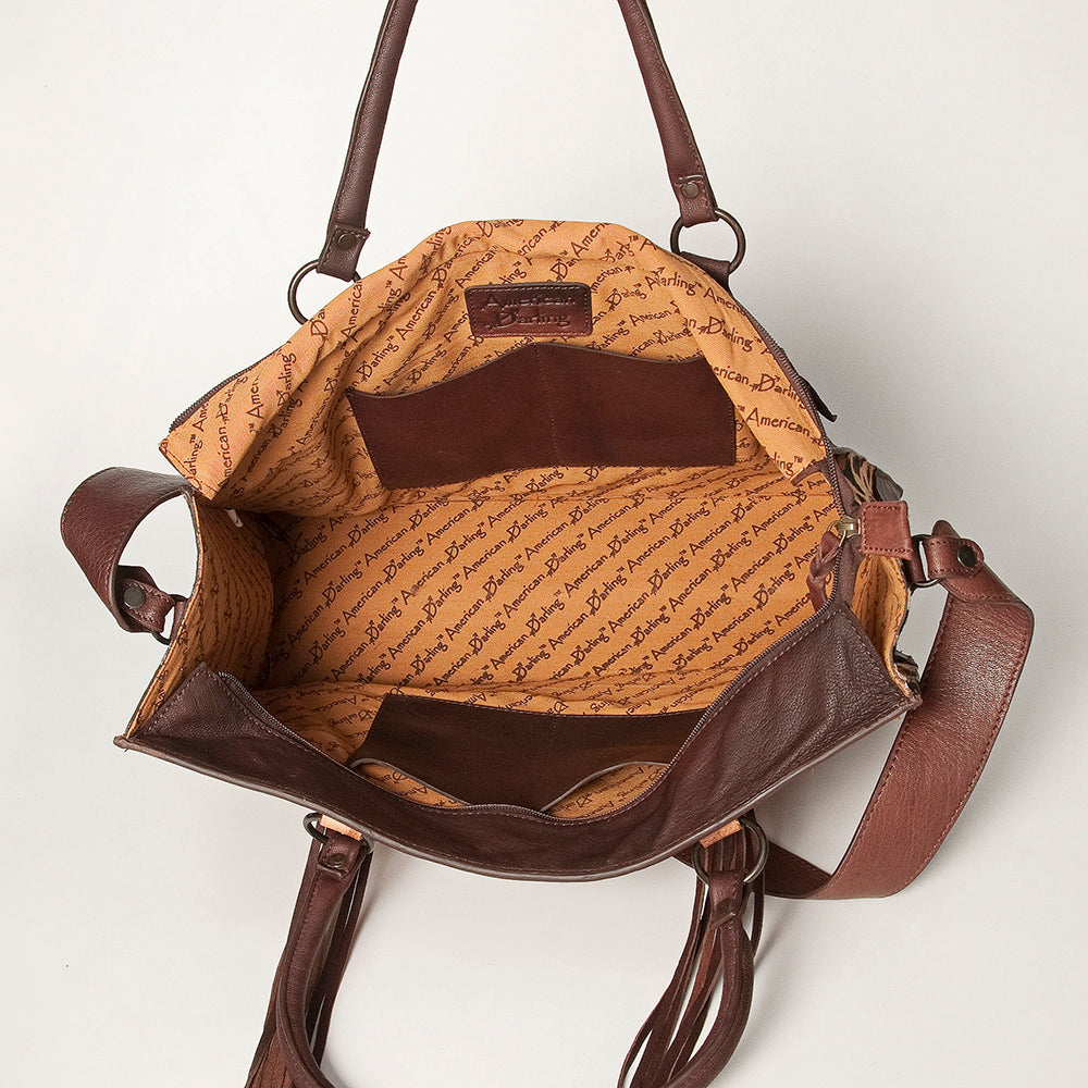LC-ADBGZ200A Leopard Print Cowhide & Tooled Leather Tote Bag - Western Fringe Handbag with Shoulder Strap