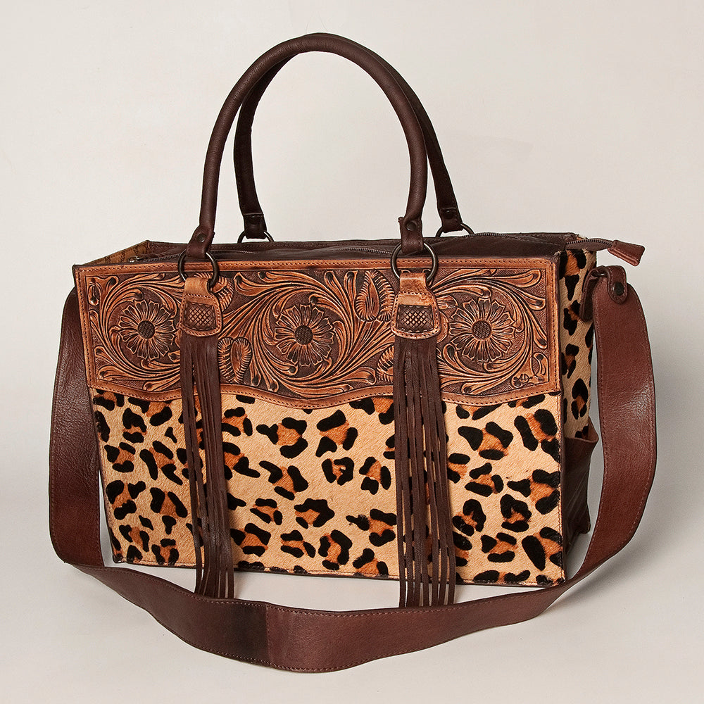 LC-ADBGZ200A Leopard Print Cowhide & Tooled Leather Tote Bag - Western Fringe Handbag with Shoulder Strap