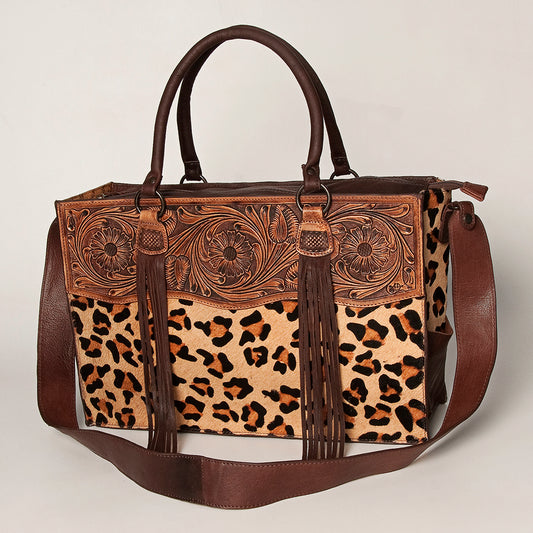LC-ADBGZ200A Leopard Print Cowhide & Tooled Leather Tote Bag - Western Fringe Handbag with Shoulder Strap
