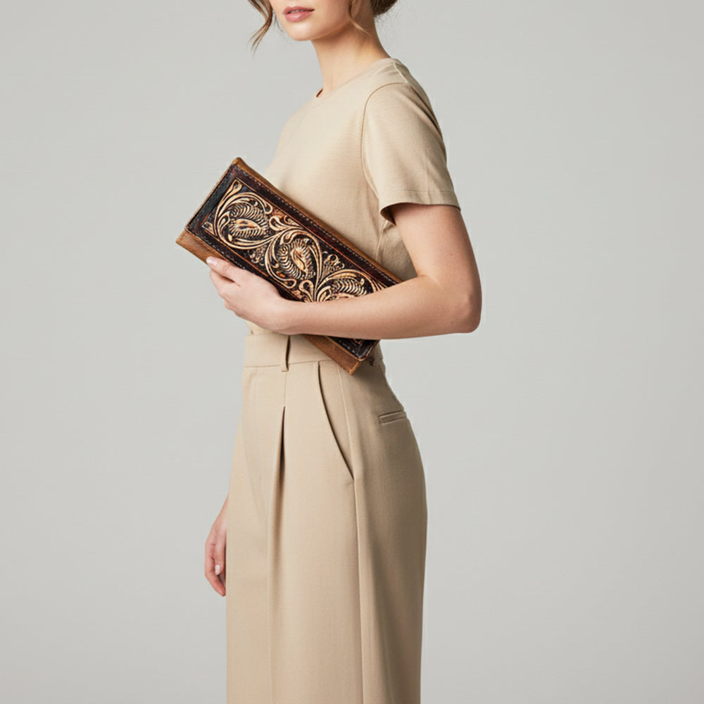 LC-ADBGZ404B Hand-Tooled Two-Tone Leather Women Wallet - Western Floral Design