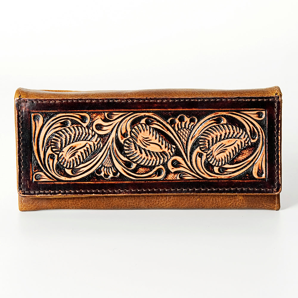 LC-ADBGZ404B Hand-Tooled Two-Tone Leather Women Wallet - Western Floral Design