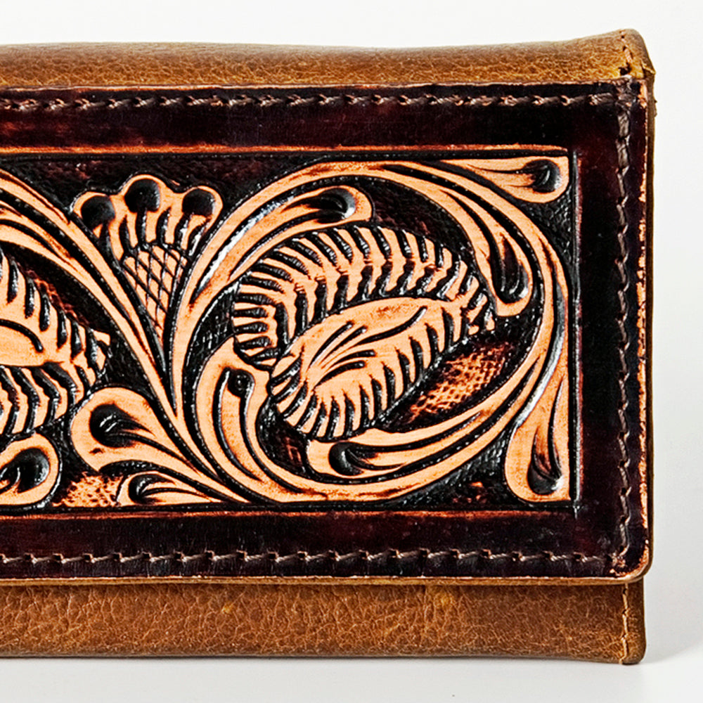 LC-ADBGZ404B Hand-Tooled Two-Tone Leather Women Wallet - Western Floral Design