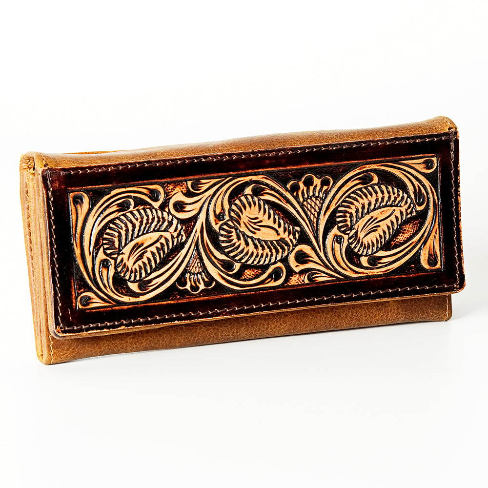 LC-ADBGZ404B Hand-Tooled Two-Tone Leather Women Wallet - Western Floral Design