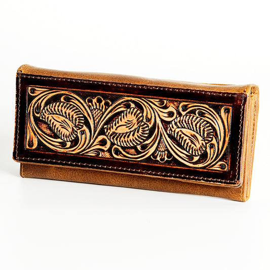 LC-ADBGZ404B Hand-Tooled Two-Tone Leather Women Wallet - Western Floral Design