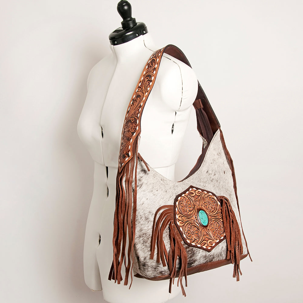 ADBGI112 Sage Western Hobo Bag - Genuine Leather with Tan Hair-On Hide & Tooled Strap