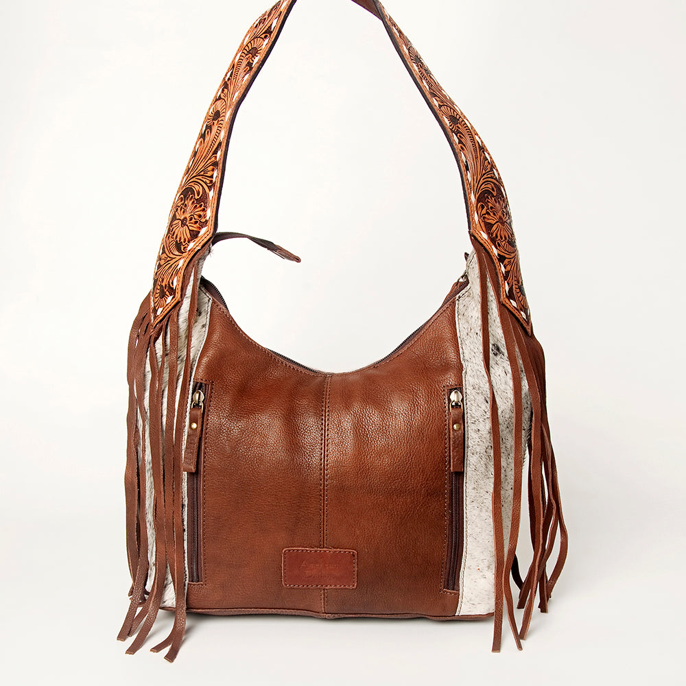 ADBGI112 Sage Western Hobo Bag - Genuine Leather with Tan Hair-On Hide & Tooled Strap