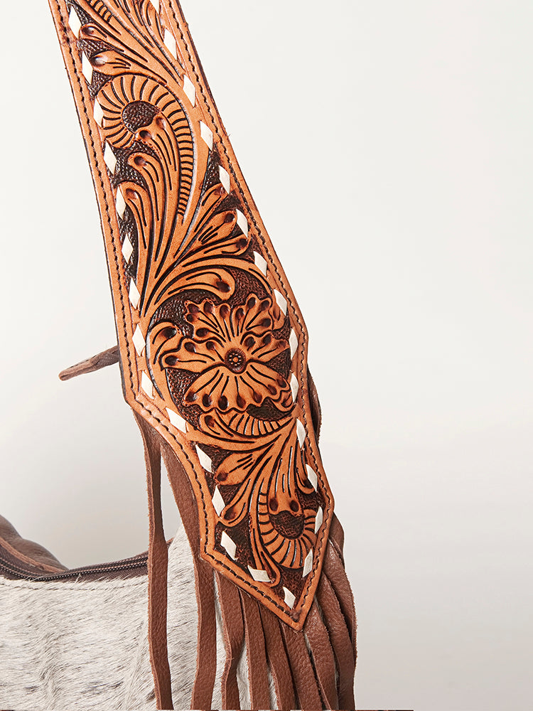 ADBGI112 Sage Western Hobo Bag - Genuine Leather with Tan Hair-On Hide & Tooled Strap