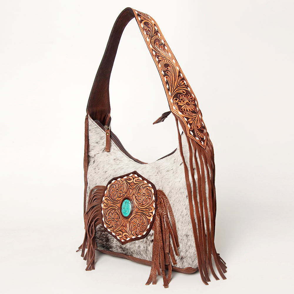 ADBGI112 Sage Western Hobo Bag - Genuine Leather with Tan Hair-On Hide & Tooled Strap