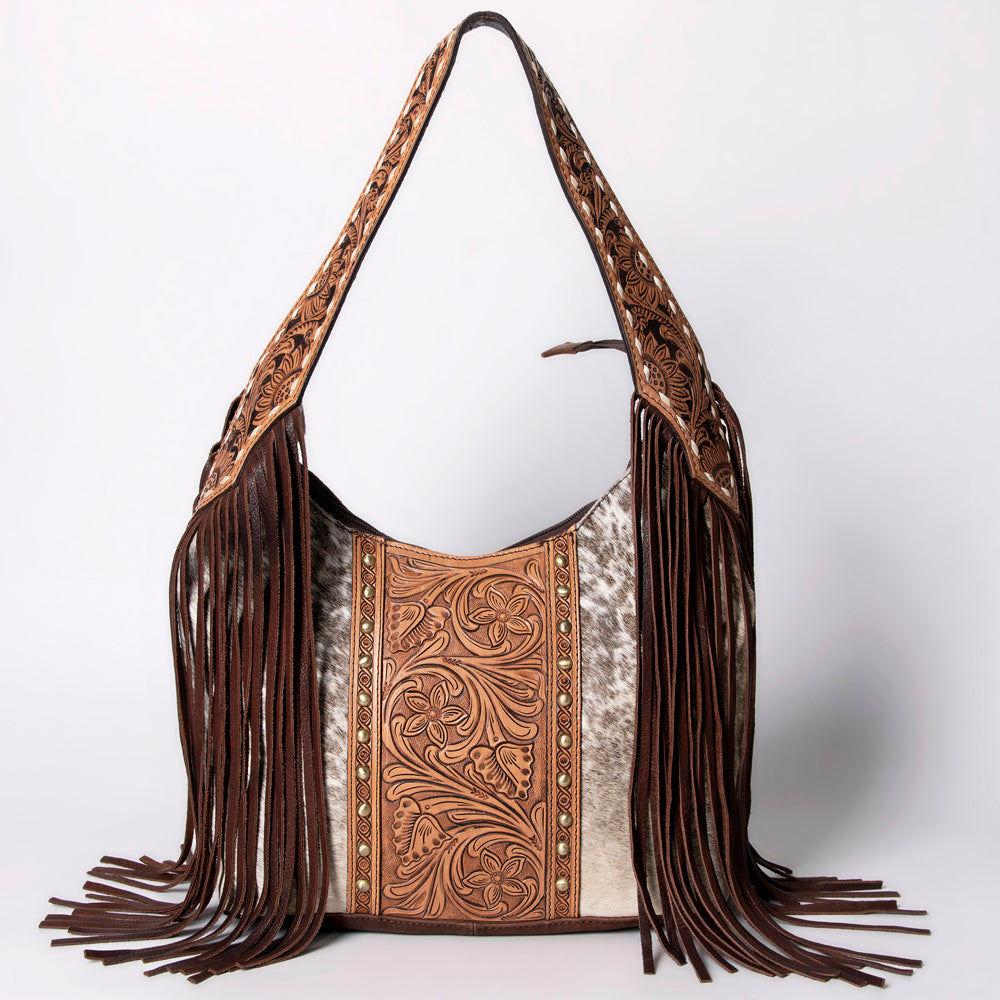 LC-ADBGI112 Becca Western Hobo Bag - Hair-On Hide with Floral Tooled Leather & Fringe
