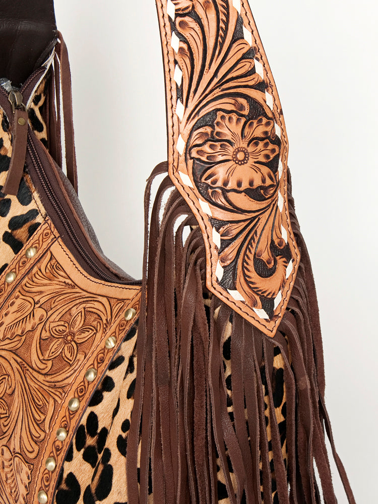 ADBGI112 Sage Western Hobo Bag - Genuine Leather with Tan Hair-On Hide & Tooled Strap