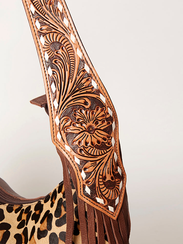 ADBGI112 Sage Western Hobo Bag - Genuine Leather with Tan Hair-On Hide & Tooled Strap