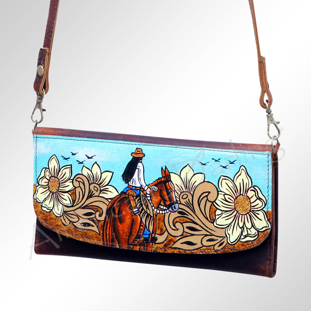 ADBGM112 Hand-Painted Leather Crossbody Clutch -Floral Western Design