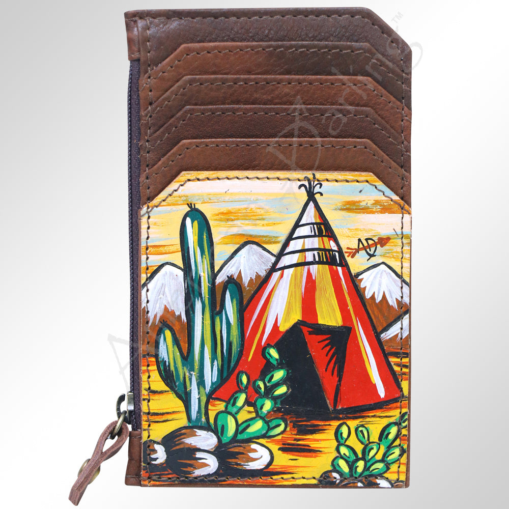 ADCCM101 Hand-Painted Leather Card Holder - Western Scene with Zipper