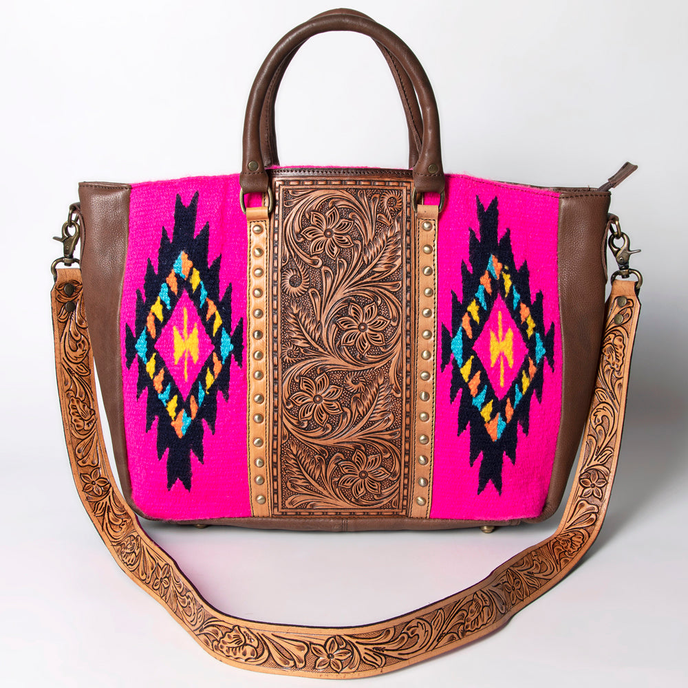 LC-ADBGA206 Wool Saddle Blanket Tote with Hand-Tooled Leather & Western Floral Strap