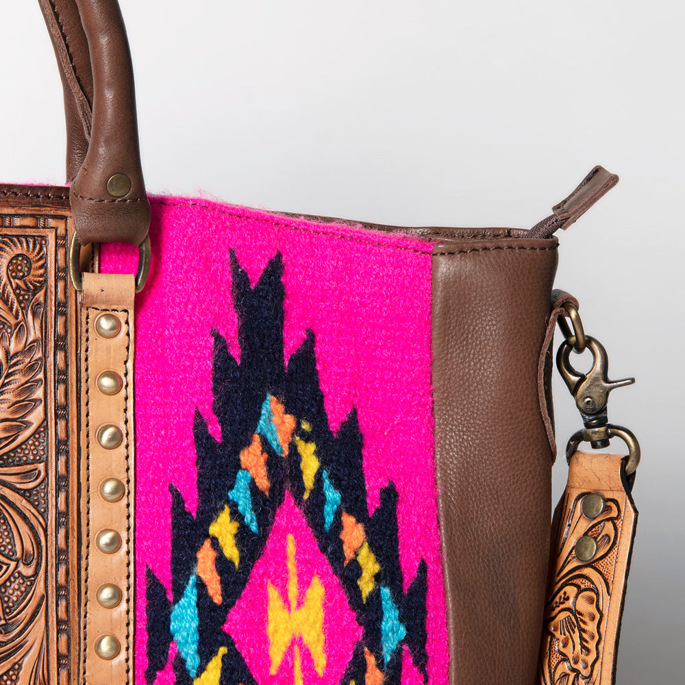 LC-ADBGA206 Wool Saddle Blanket Tote with Hand-Tooled Leather & Western Floral Strap