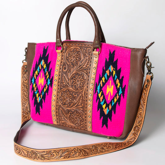 LC-ADBGA206 Wool Saddle Blanket Tote with Hand-Tooled Leather & Western Floral Strap