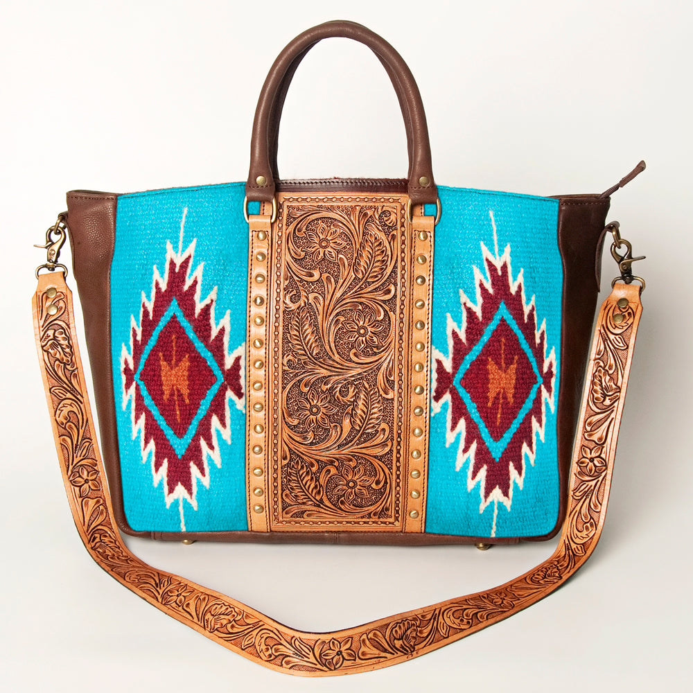 LC-ADBGA206 Wool Saddle Blanket Tote with Hand-Tooled Leather & Western Floral Strap