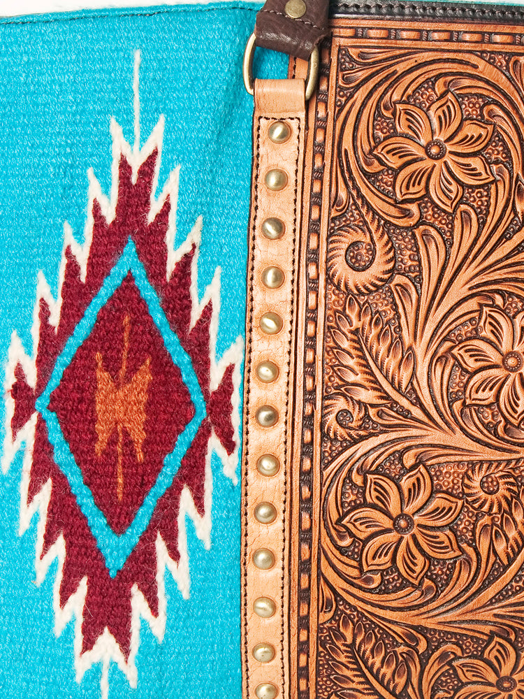 LC-ADBGA206 Wool Saddle Blanket Tote with Hand-Tooled Leather & Western Floral Strap