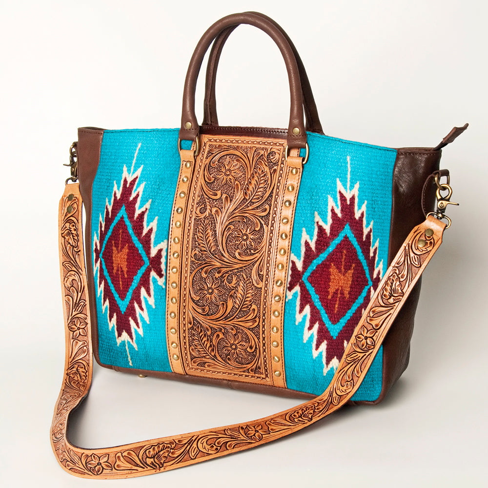 LC-ADBGA206 Wool Saddle Blanket Tote with Hand-Tooled Leather & Western Floral Strap