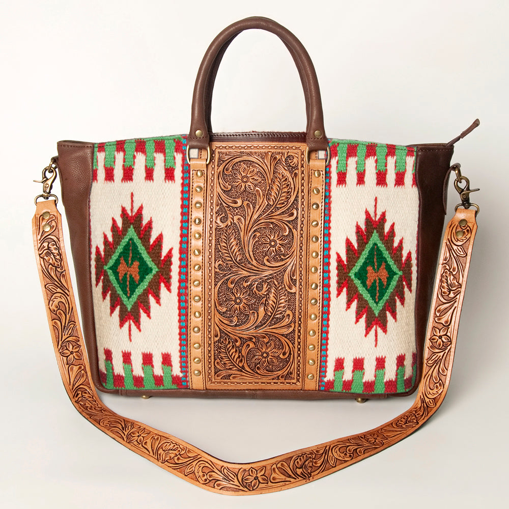 LC-ADBGA206 Wool Saddle Blanket Tote with Hand-Tooled Leather & Western Floral Strap