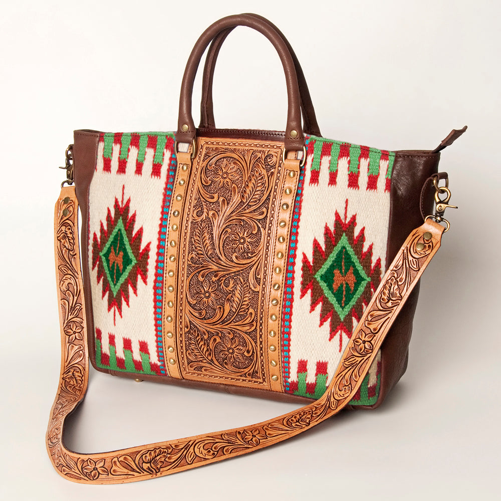 LC-ADBGA206 Wool Saddle Blanket Tote with Hand-Tooled Leather & Western Floral Strap
