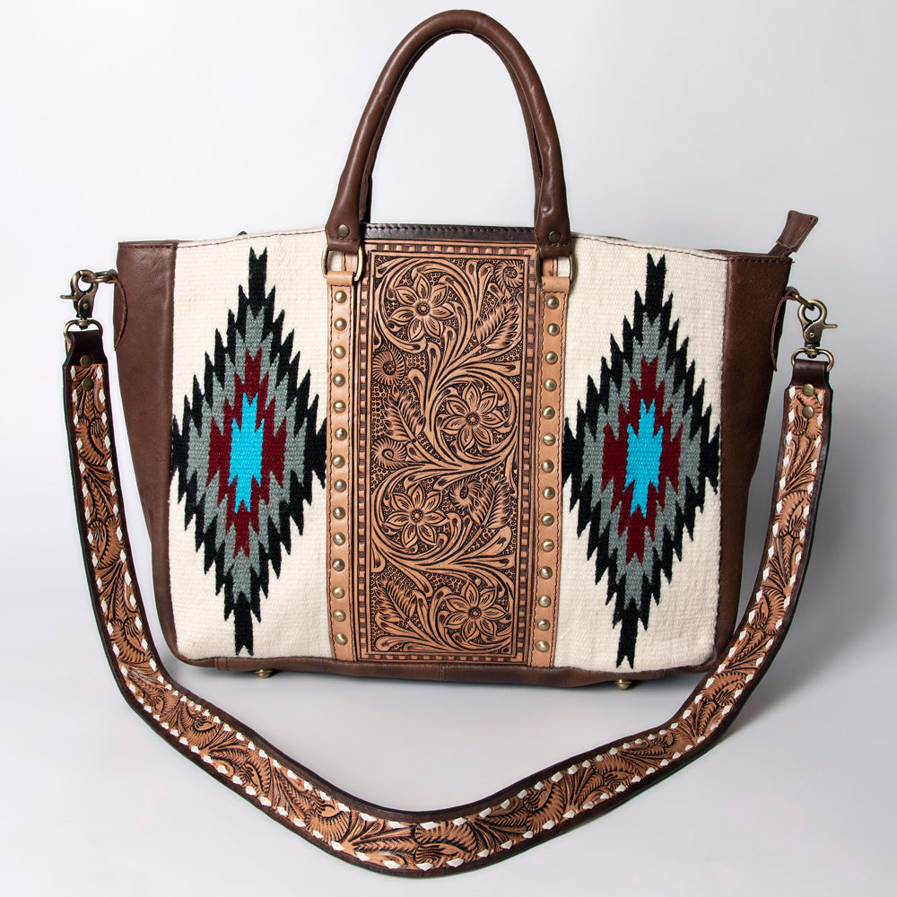LC-ADBGA206 Wool Saddle Blanket Tote with Hand-Tooled Leather & Western Floral Strap