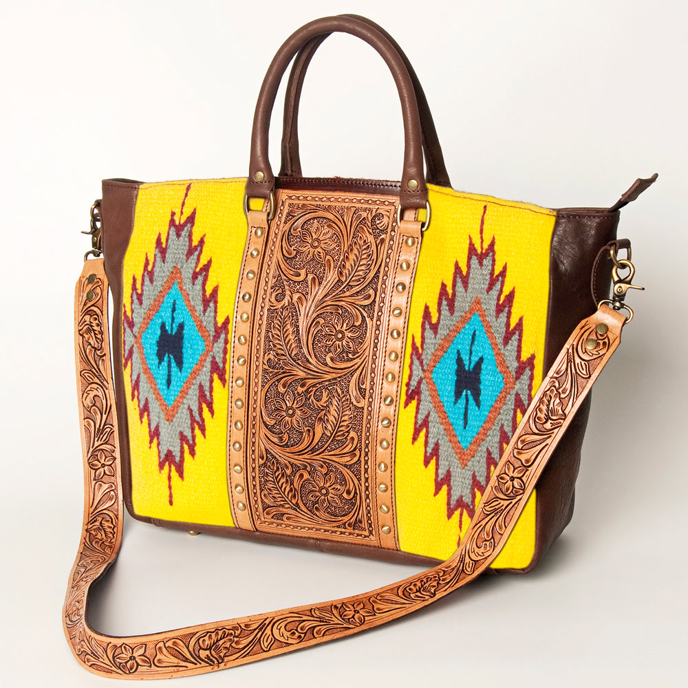 LC-ADBGA206 Wool Saddle Blanket Tote with Hand-Tooled Leather & Western Floral Strap