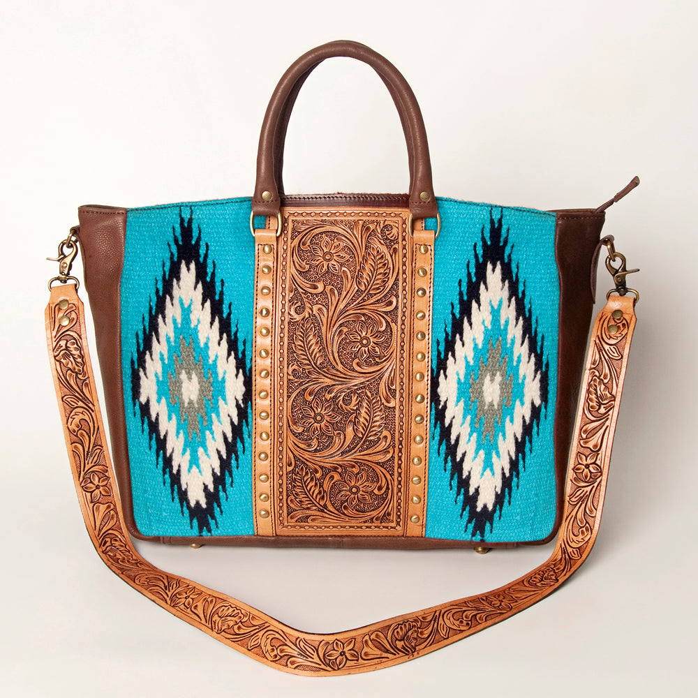 LC-ADBGA206 Wool Saddle Blanket Tote with Hand-Tooled Leather & Western Floral Strap
