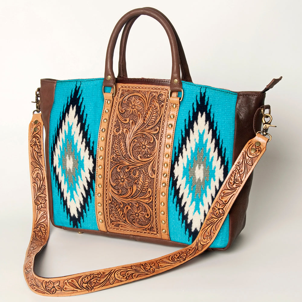 LC-ADBGA206 Wool Saddle Blanket Tote with Hand-Tooled Leather & Western Floral Strap