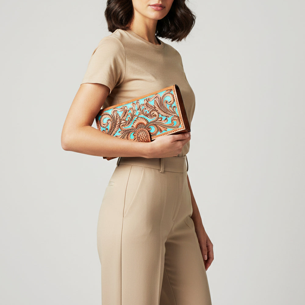 ADBGZ402 Tooled Leather Women Wallet with Turquoise Inlay - Western Floral Bifold Clutch