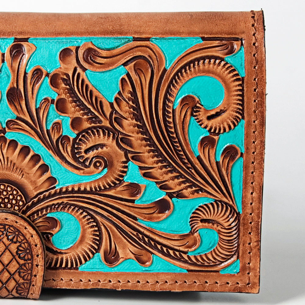 ADBGZ402 Tooled Leather Women Wallet with Turquoise Inlay - Western Floral Bifold Clutch
