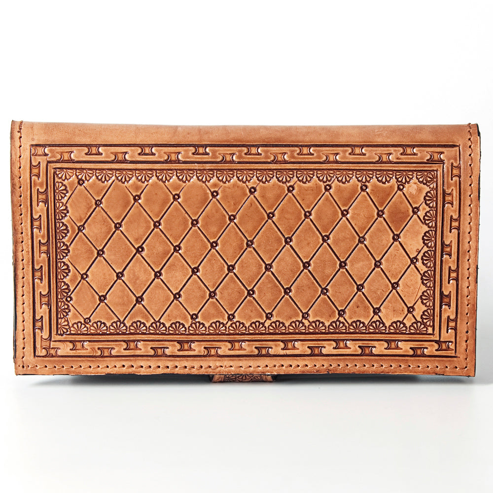ADBGZ402 Tooled Leather Women Wallet with Turquoise Inlay - Western Floral Bifold Clutch