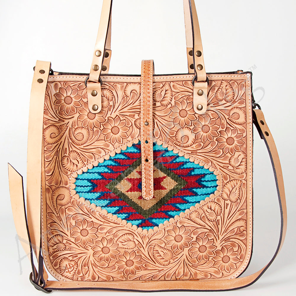 LC-ADBGH103A Tooled Leather Western Tote Bag - Floral Hand Tooling with Saddle Blanket Inlay