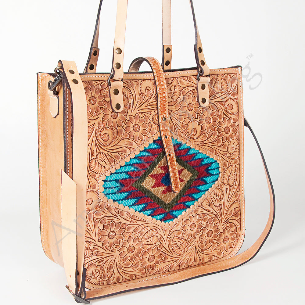 LC-ADBGH103A Tooled Leather Western Tote Bag - Floral Hand Tooling with Saddle Blanket Inlay