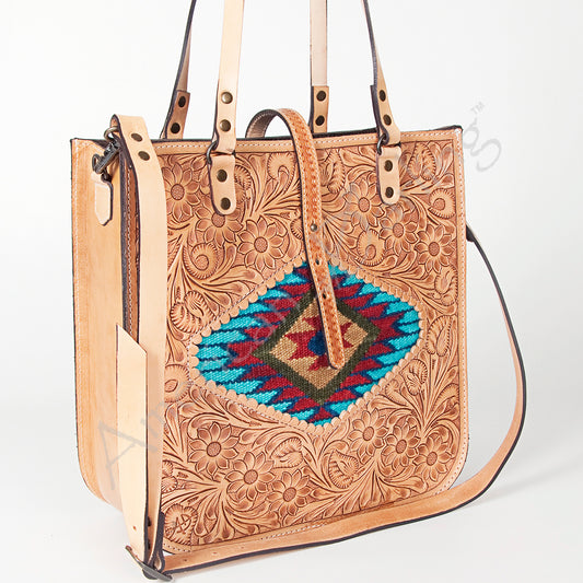 LC-ADBGH103A Tooled Leather Western Tote Bag - Floral Hand Tooling with Saddle Blanket Inlay