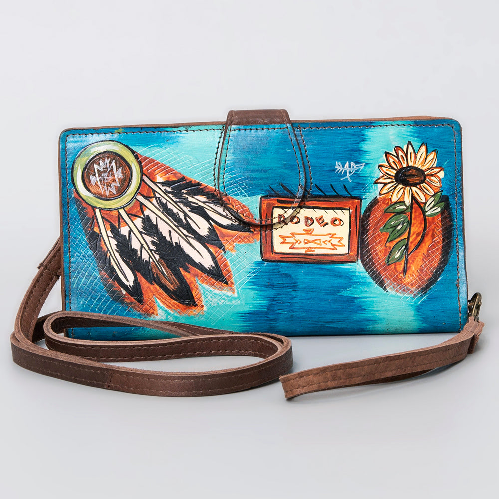 ADBGM113 Hand-Painted Leather Wallet Crossbody - Rodeo & Floral Design