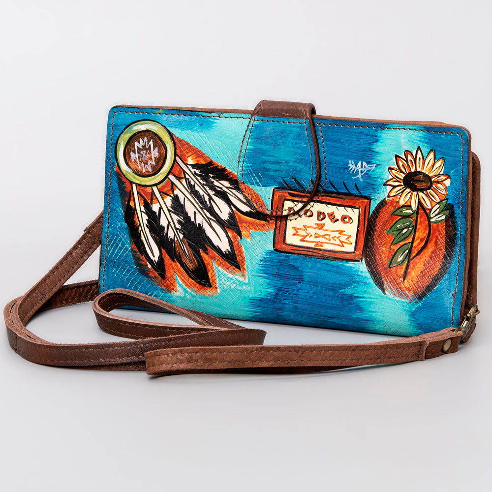 ADBGM113 Hand-Painted Leather Wallet Crossbody - Rodeo & Floral Design